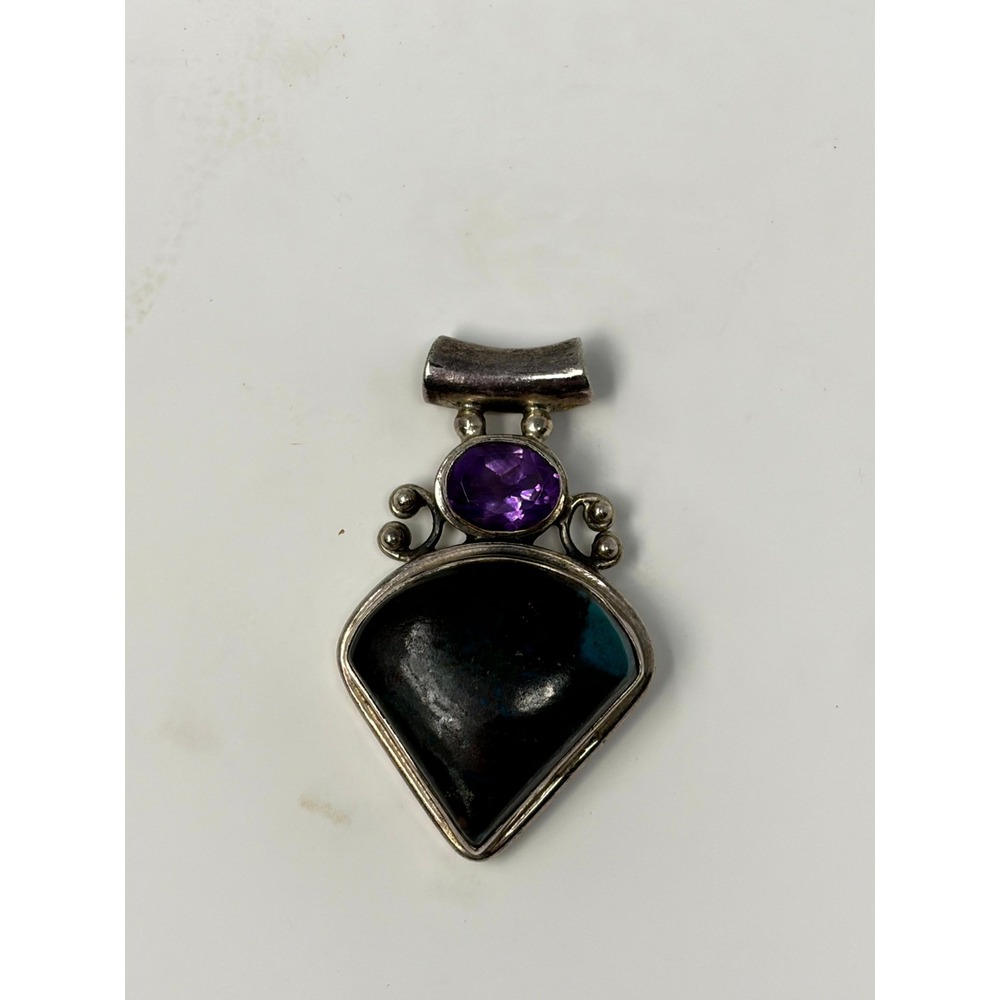Sterling Silver 925 Azurite Malachite ? and Amethyst Pendant Artisan Jewelry